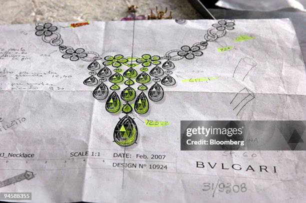 Drawing for a necklace design lies on a table at the Bulgari workshop in Rome, Italy, Monday, July 9, 2007. Bulgari SpA, the world's third-largest...