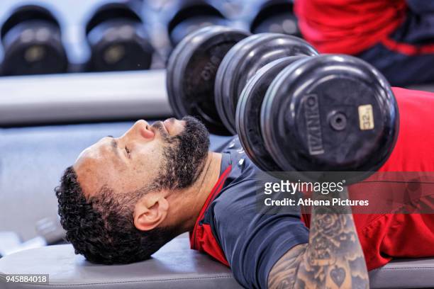 Kyle Bartley exercises in the gym during Swansea City training at The Fairwood Training Ground on April 11, 2018 in Swansea, Wales.