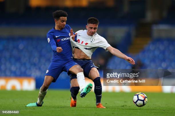 Anthony Georgiou of Tottenham Hotspur gets his shirt tugged by Jacob Maddox of Chelsea during the Premier League 2 match between Chelsea and...