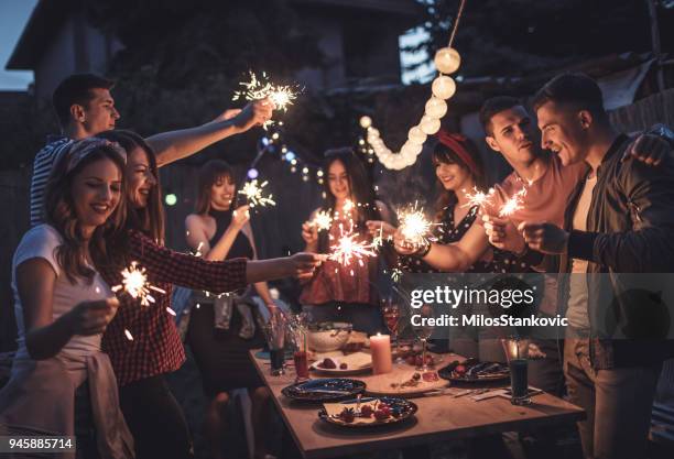 gruppe von freunden beim abendessen im garten feiern - dinner party stock-fotos und bilder