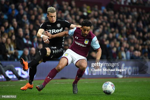 Neil Taylor of Aston Villa is tackled by Ezgjan Alioski of Leeds United during the Sky Bet Championship match between Aston Villa and Leeds United at...