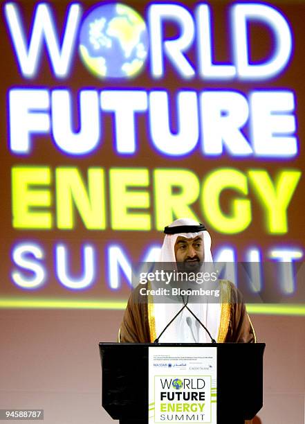 General Sheikh Mohammad bin Zayed Al Nahyan, crown prince of Abu Dhabi, speaks at the World Future Energy Summit in Abu Dhabi, United Arab Emirates,...