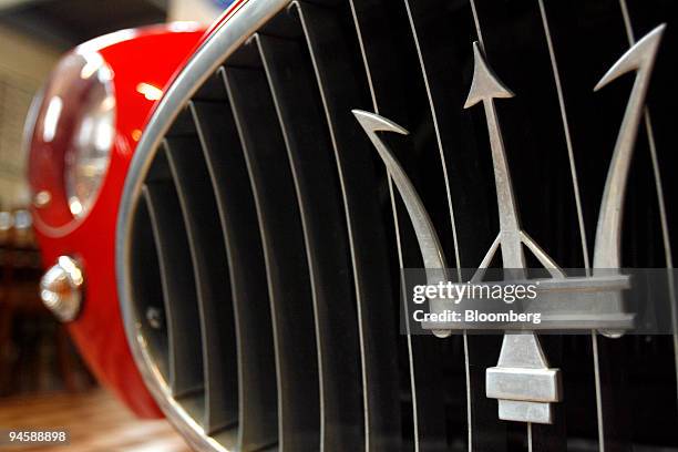 The grill of a red 1954 Maserati A6GCS Pininfarina automobile, one of three ever produced, is seen on display in the Panini automotive museum in...