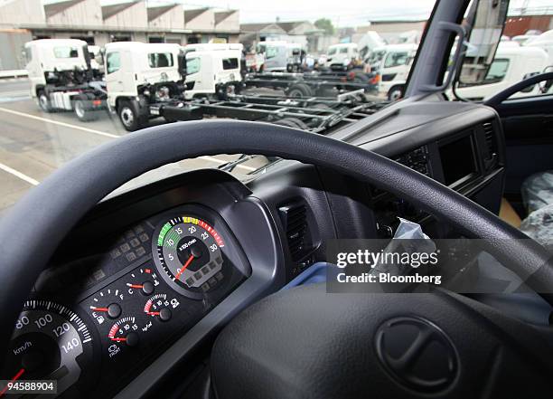 Hino Motors Ltd. Trucks wait for shipment at the company's manufacturing headquarters in the suburbs of Tokyo, Japan on Wednesday, Sept. 12, 2007....