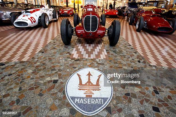Mosaic of the Maserati logo is seen at the entrance to the Panini automotive museum in Modena, Italy, Monday, March 19, 2007.