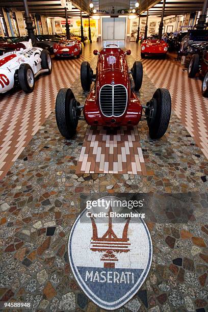 Mosaic of the Maserati logo is seen at the entrance to the Panini automotive museum in Modena, Italy, Monday, March 19, 2007.