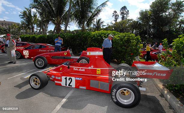 The former Ferrari Formula 1 car piloted by Niki Lauda sits with other competition Ferraris during the Concorso D'Eleganza portion of the 16th...