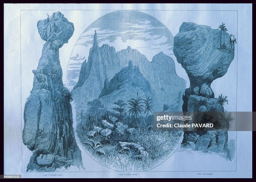 Gravure ancienne "The ladder rock, The pieter both, The last climb", ?le Maurice