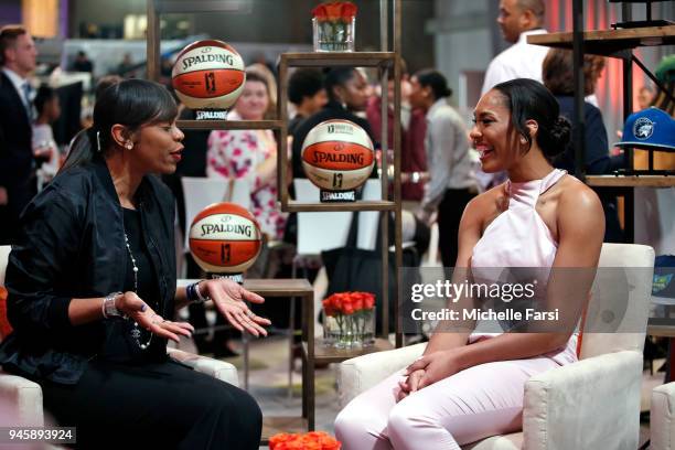 Tina Thompson speaks with A'ja Wilson after being selected by the Las Vegas Aces on April 12, 2018 at Nike New York Headquarters in New York, New...