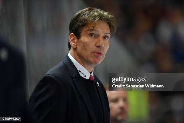 Head coach Uwe Krupp of Berlin looks on during the DEL Playoff Final Game 1 between EHC Red Bull Muenchen and Eisbaeren Berlin at Olympia Eishalle on...