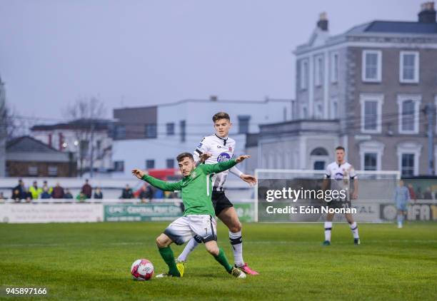 Wicklow , Ireland - 13 April 2018; Corey Galvin of Bray Wanderers in action against Seán Gannon of Dundalk during the SSE Airtricity League Premier...