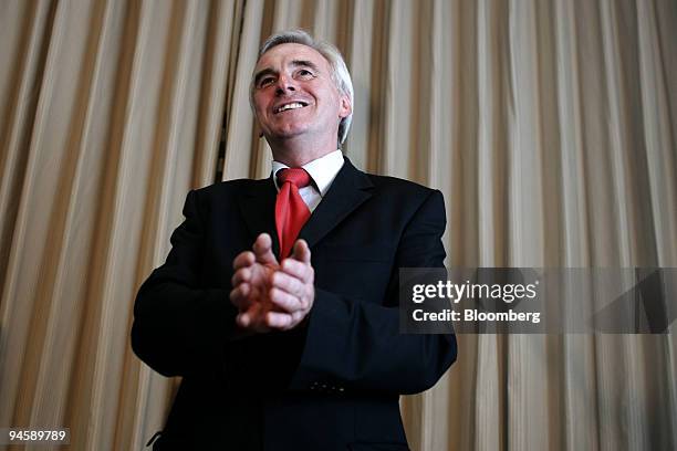 John McDonnell, U.K. Labour Party lawmaker, now the sole challenger of Gordon Brown for the position of prime minister, speaks during a news...