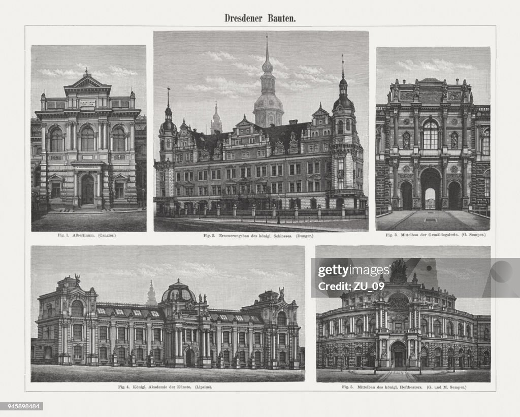 Representative historic buildings in Dresden, Germany, wood engravings, published 1897