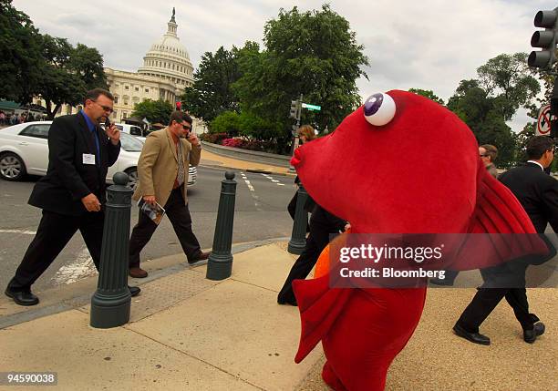 Finley the Fish," a character created by the nonprofit group Oceana, greets passersby on Capitol Hill in Washington, D.C., May 17, 2007. The group is...