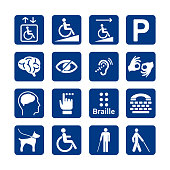 Blue square set of disability icons. Disabled icon set. Mental, physical, sensory, intellectual disability icons.