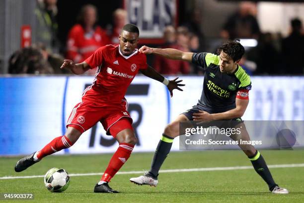 Achille Vaarnold of Almere City, Bram van Vlerken of PSV U23 during the Dutch Jupiler League match between Almere City v PSV U23 at the Yanmar...