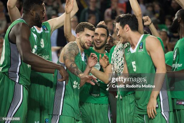 Scottie Wilbekin, #1 of Darussafaka Istanbul celebrates with teamates after the 7DAYS EuroCup Basketball Finals game two between Darussafaka Istanbul...