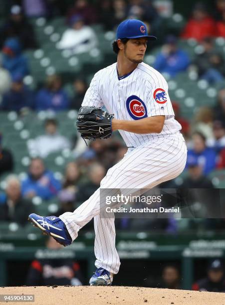 Starting pithcer Yu Darvish of the Chicago Cubs delivers the ball against the Atlanta Braves at Wrigley Field on April 13, 2018 in Chicago, Illinois.