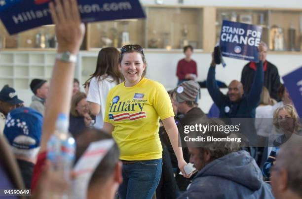 Andrea Corwin, center, a supporter of Democratic presidential candidate Sen. Hillary Clinton, volunteers at Reno High School in Reno, Nevada, U.S.,...