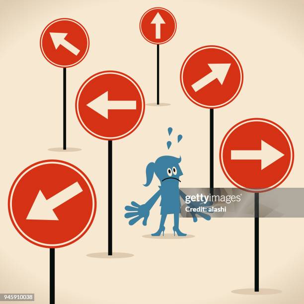 which way concept, businesswoman with a lot of different directional sign - working mother stock illustrations