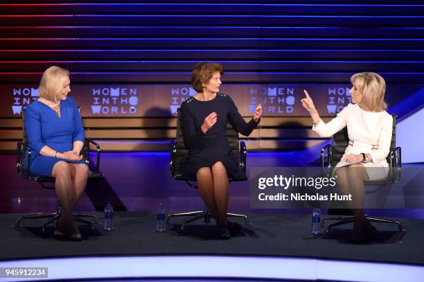 Senators Kirsten Gillibrand, Lisa Murkowski and journalist Andrea Mitchell speak on stage at the 2018 Women In The World Summit at Lincoln Center on...