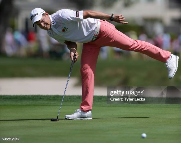 Peter Malnati reacts to a putt attempt on the 16th green during the second round of the 2018 RBC Heritage at Harbour Town Golf Links on April 13,...
