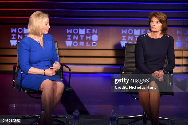 Senators Kirsten Gillibrand and Lisa Murkowski speak on stage at the 2018 Women In The World Summit at Lincoln Center on April 13, 2018 in New York...