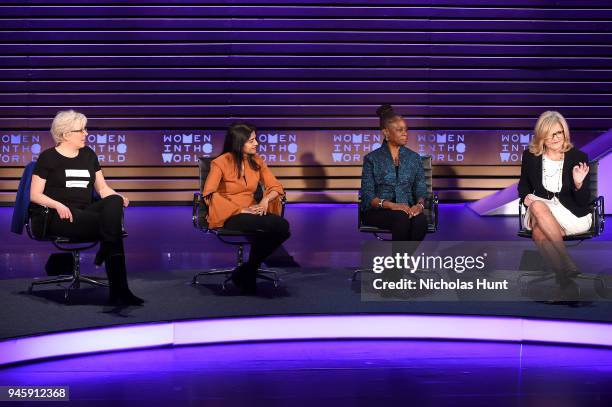 Carrie Gracie, Saru Jayaraman, Chirlane McCray and Cynthia McFadden speak on stage at the 2018 Women In The World Summit at Lincoln Center on April...