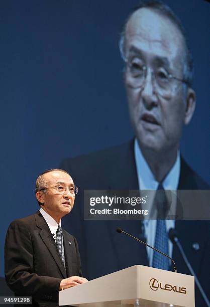 Katsuaki Watanabe, president of Toyota Motor Co., speaks to the media during a news conference to launch Lexus LS600h and LS600hL hybrid sedans in...