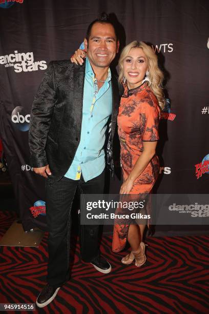 Johnny Damon and Emma Slater pose as the "Dancing with the Stars: Athletes Season 26" cast visits Planet Hollywood Times Square on April 13, 2018 in...