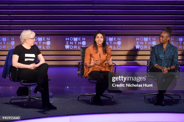 Carrie Gracie, Saru Jayaraman and Chirlane McCray speak on stage at the 2018 Women In The World Summit at Lincoln Center on April 13, 2018 in New...