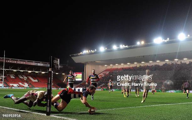 Luke Morahan of Bristol Rugby goes over for a try during the Greene King IPA Championship match between Bristol Rugby and Doncaster Knights at Ashton...
