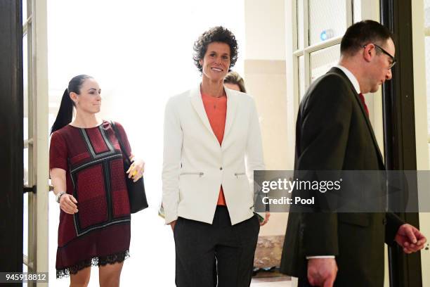 Andrea Constand, center, plaintiff in the Bill Cosby trial, returns from lunch during the Bill Cosby sexual assault trial at the Montgomery County...