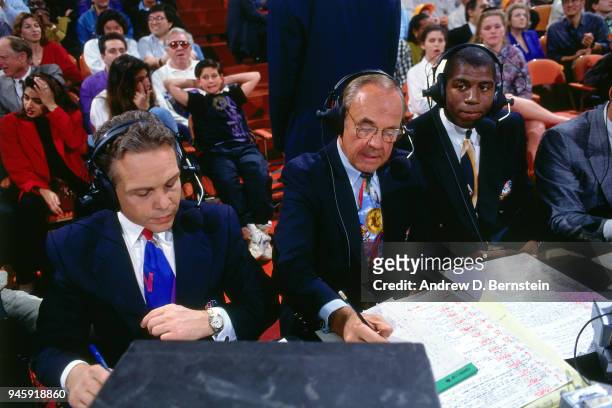 Mike Fratello, Dick Enberg, and Magic Johnson provide commentary for a game circa 1991 at the Great Western Forum in Inglewood, California. NOTE TO...