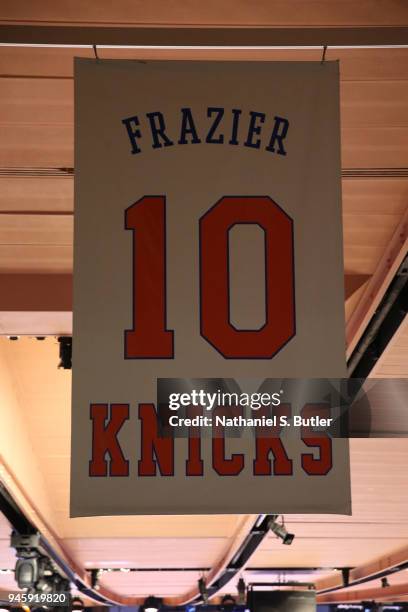 Banner in honor of Walter "Clyde" Frazier, Retired Hall of Fame New York Knicks player photographed before the game against the Miami Heat on April...