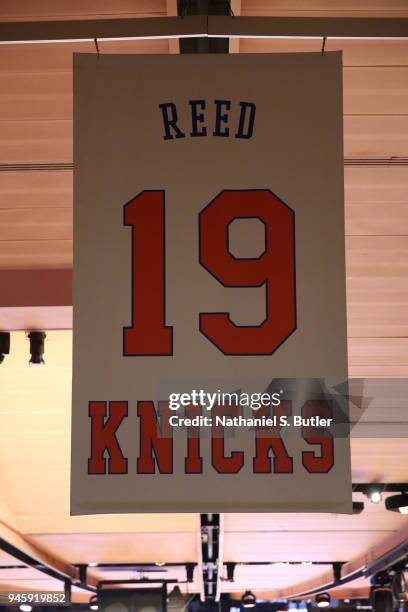 Banner in honor of Willis Reed, Retired Hall of Fame New York Knicks player photographed before the game against the Miami Heat on April 6, 2018 at...