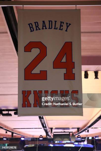 Banner in honor of Bill Bradley, Retired Hall of Fame New York Knicks player photographed before the game against the Miami Heat on April 6, 2018 at...
