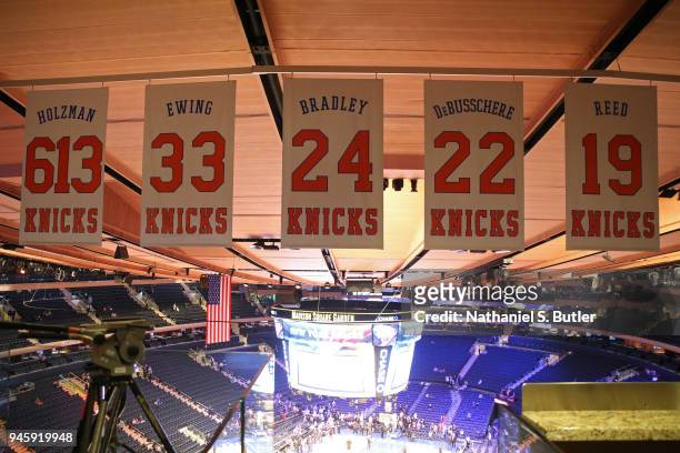 Banners in honor of Patrick Ewing, Bill Bradley, Red Holzman, Dave DeBrusschere, and Willis Reed of the New York Knicks - Retired Hall of Fame New...