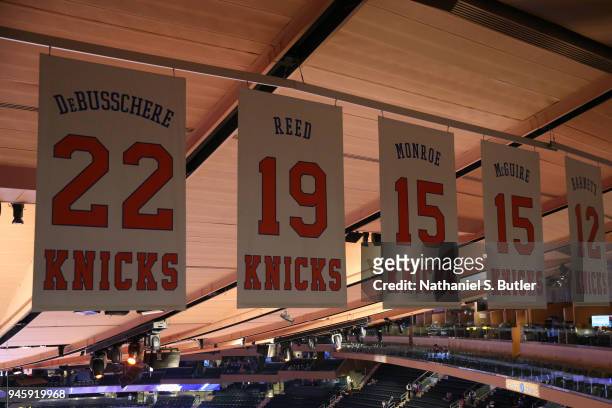 Banners in honor of Dave DeBrusschere, Willis Reed, Earl Monroe, Dick McGuire, and Dick Barnett of the New York Knicks - Retired Hall of Fame New...