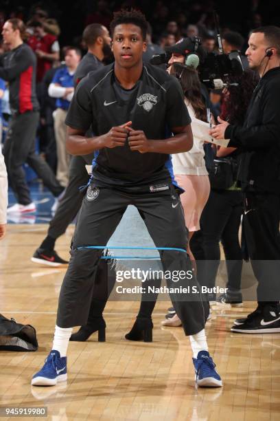 Frank Ntilikina of the New York Knicks warms up before the game against the Miami Heat on April 6, 2018 at Madison Square Garden in New York City,...