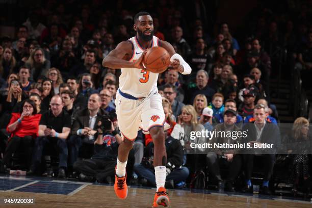 Tim Hardaway Jr. #3 of the New York Knicks passes the ball during the game against the Miami Heat on April 6, 2018 at Madison Square Garden in New...