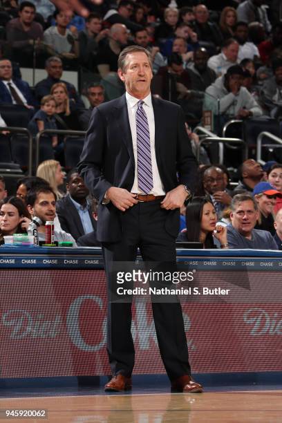 Head Coach Jeff Hornacek of the New York Knicks looks on during the game against the Miami Heat on April 6, 2018 at Madison Square Garden in New York...