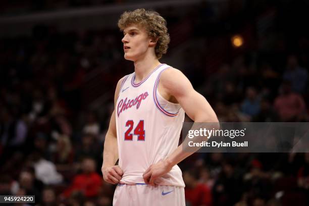 Lauri Markkanen of the Chicago Bulls looks on in the first quarter against the Detroit Pistons at the United Center on April 11, 2018 in Chicago,...