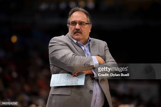 Head coach Stan Van Gundy of the Detroit Pistons reacts in the first quarter against the Chicago Bulls at the United Center on April 11, 2018 in...