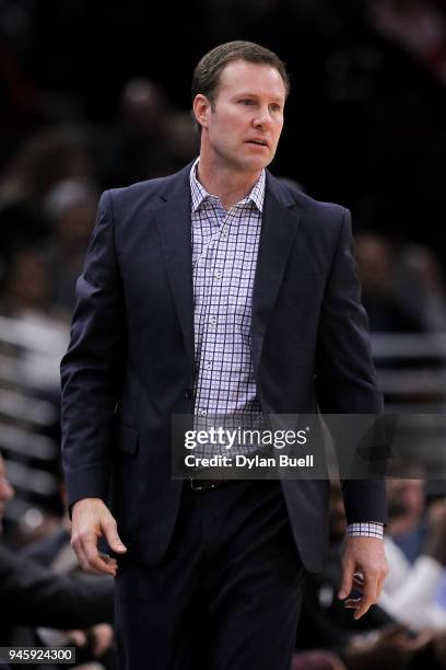 Head coach Fred Hoiberg of the Chicago Bulls looks on in the first quarter against the Detroit Pistons at the United Center on April 11, 2018 in...