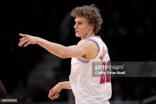 Lauri Markkanen of the Chicago Bulls reacts in the second quarter against the Detroit Pistons at the United Center on April 11, 2018 in Chicago,...