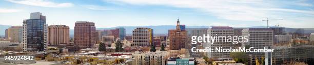 san jose elevated downtown skyline wide banner panoramic view - san jose california stock pictures, royalty-free photos & images
