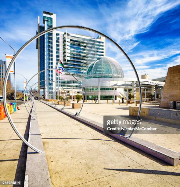 san jose city hall with sonic runway installation in the foreground - san jose california stock pictures, royalty-free photos & images