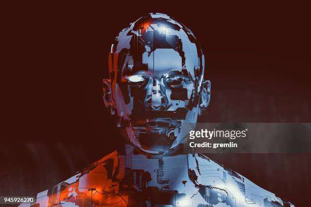 spooky futuristic male cyborg - cyborg stock pictures, royalty-free photos & images