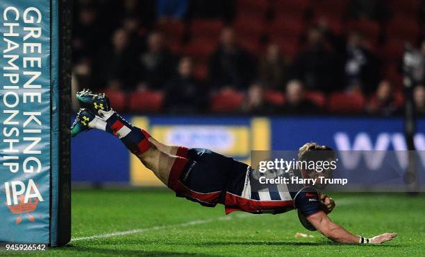 Rhodri Williams of Bristol Rugby goes over for a try during the Greene King IPA Championship match between Bristol Rugby and Doncaster Knights at...